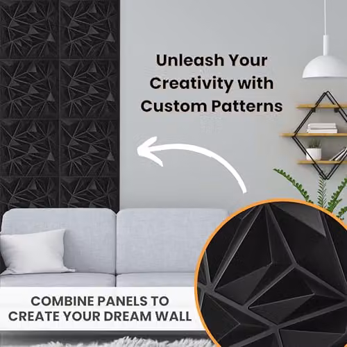 Novecrafto 3D Modern Diamond Design PVC Wall Panels, Black, 6 Sheets, W/D/H: 50 x 50 x 50 cm – 10