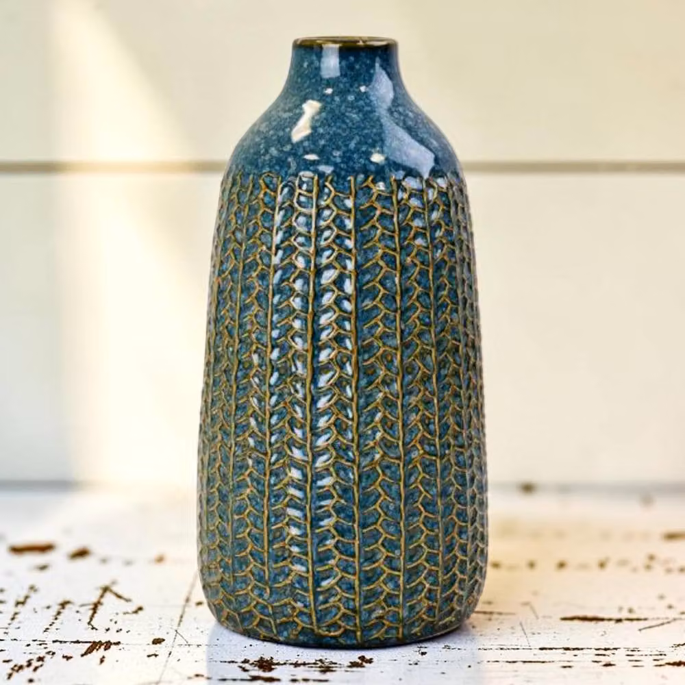 Four Candle Blue and Gold Textured Ceramic Vase, Height: 29 cm – 2