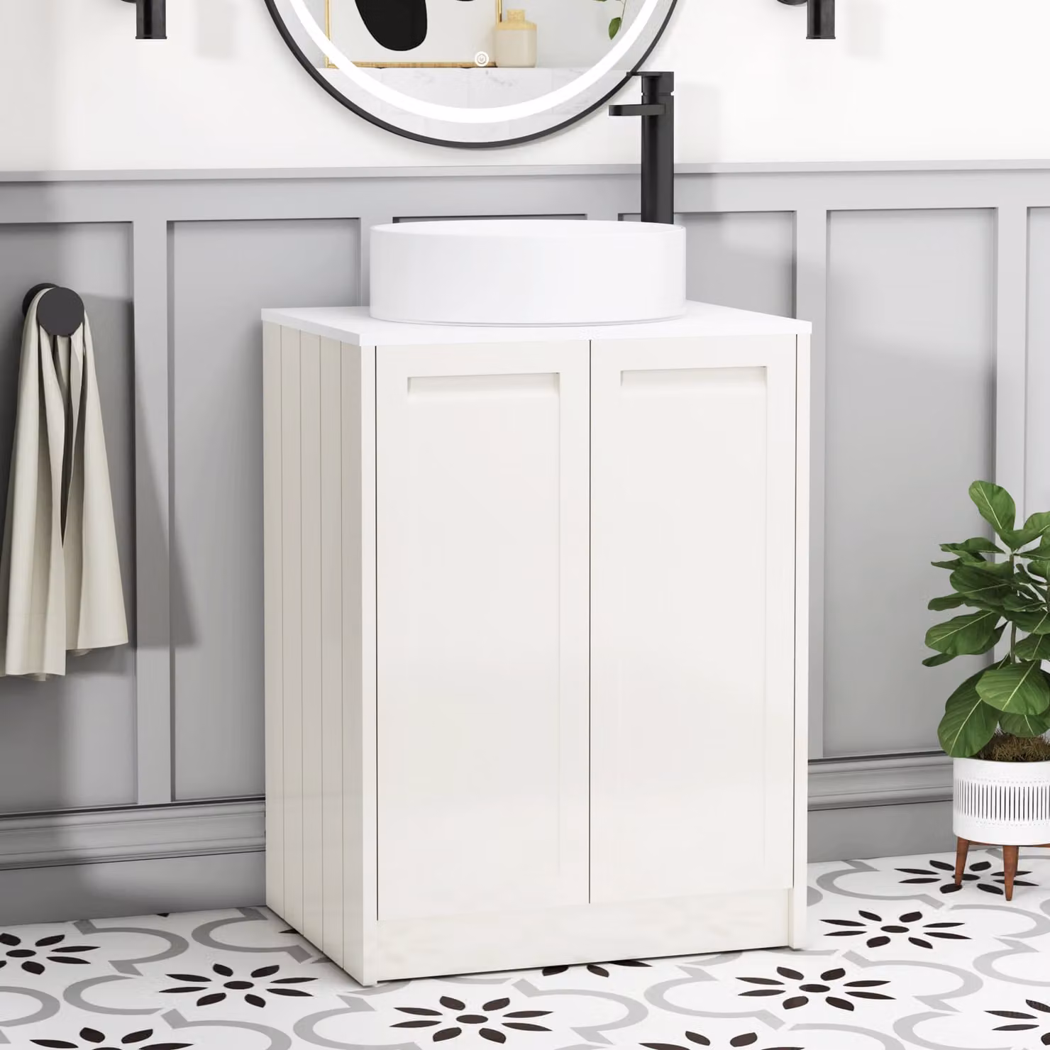 Royal Bathrooms Elmore 600mm Classic White Floor Standing 2 Door Vanity Unit with Plain White Worktop