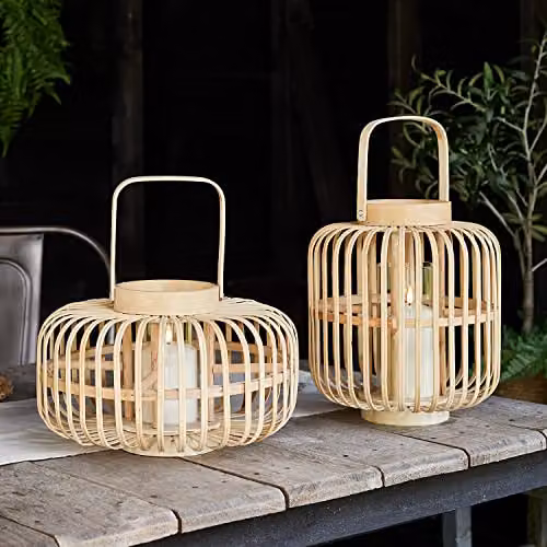 Lights4fun Set of 2 Bamboo Cage Decorative Lanterns in Gold and Beige with Battery Operated TruGlow Pillar Candles – 2