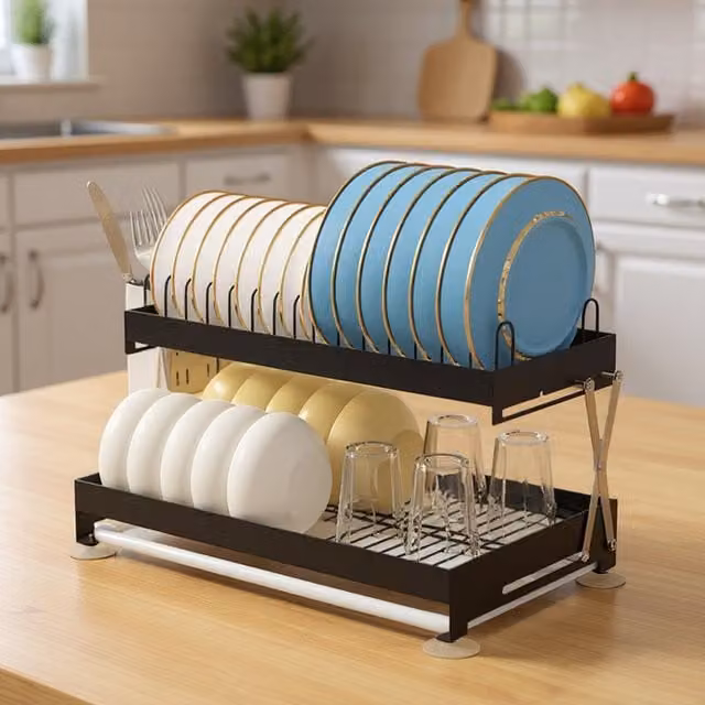 Lifeideas 2-Tier Foldable Carbon Steel Dish Drainer with Cutlery Holder and Drip Tray, Black