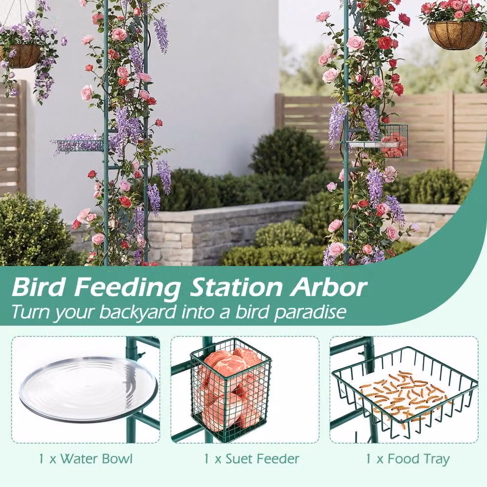 Costway Green Garden Arbor Feeding Station with Heavy-duty Metal Arch Trellis and Mesh Tray – 5