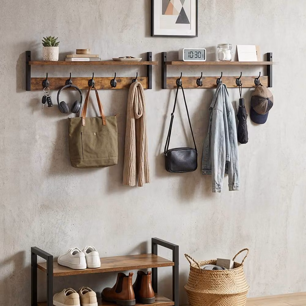 Levede 2 Pack Brown and Black Wooden Wall Mounted Coat Rack with Storage Shelf and Hooks, W: 60 cm – 3