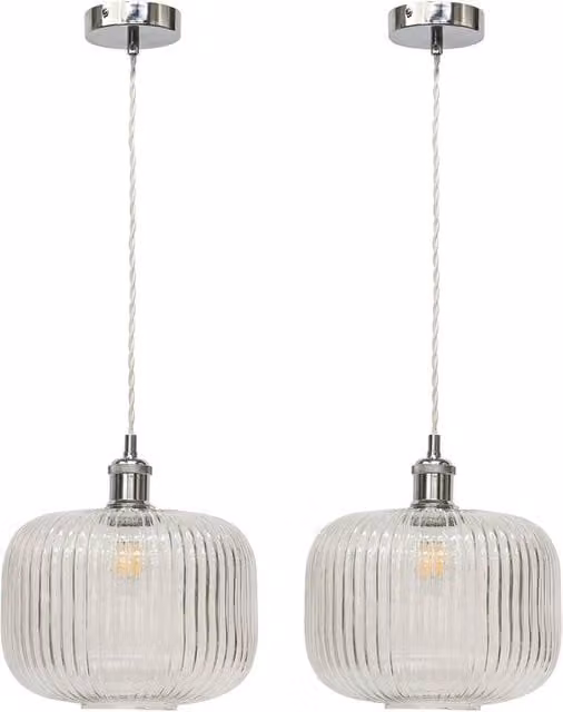 First Choice Lighting Batley Large Retro Pendant Lights, Set of 2, Clear Ribbed Glass and Chrome, Height Adjustable – 1