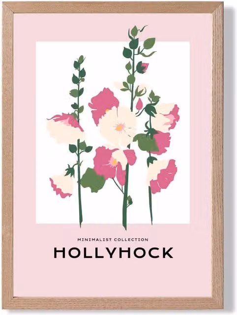 ARTZE Pink Hollyhock Flower Market Boho Framed Botanical Illustration Print with Oak Wood Frame