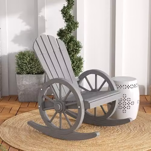 Outsunny Grey Wooden Adirondack Rocking Chair for Garden and Outdoor Lounging – 2
