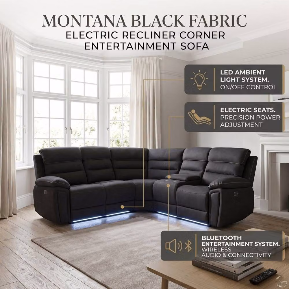 HOME LUXE INTERIOR Montana Black Fabric Electric Recliner Corner Sofa with LED Lighting and USB Charging – 4