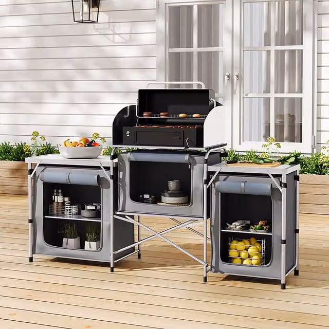 Livingandhome Folding Camping Kitchen Unit with Double-Sided Worktop in Grey