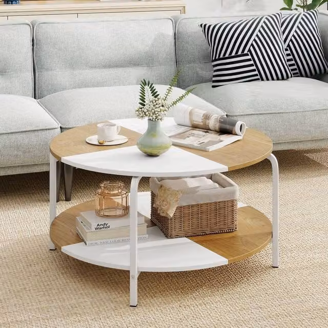 Costway 2-Tier Round Coffee Table with Shelf in White and Multicolour – 1