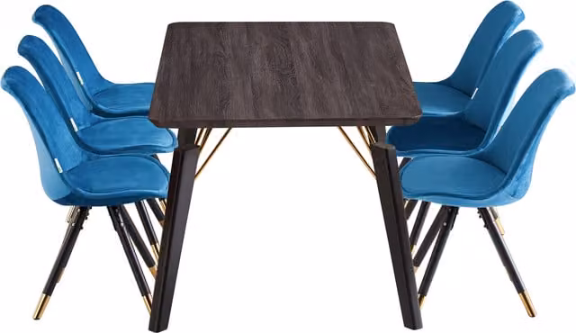 Life Interiors Sofia Cosmo LUX Modern Rectangular Dining Set with Table and 6 Blue Upholstered Chairs