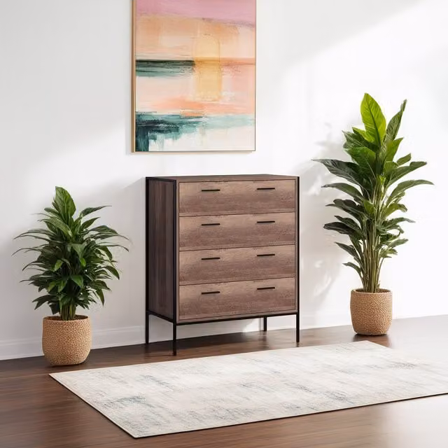 FWStyle 4 Drawer Chest of Drawers in Industrial Effect Cracked Oak Finish, Brown