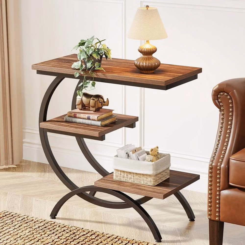 VOGREX 3 Tier Industrial Small Side Table in Brown Wood and Metal, W/D/H: 30 x 30 x 65 cm – 3