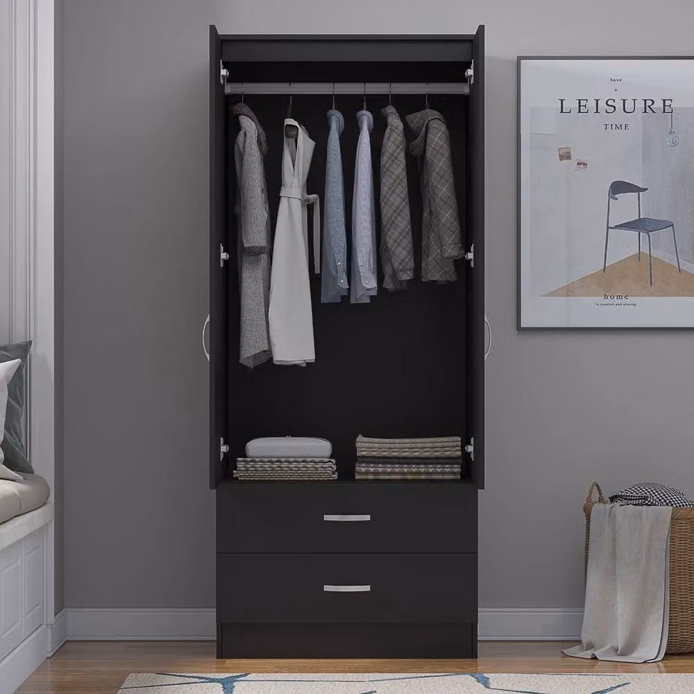 FORGEVIO Matt Black 2 Door Wardrobe with 2 Integrated Drawers – 2