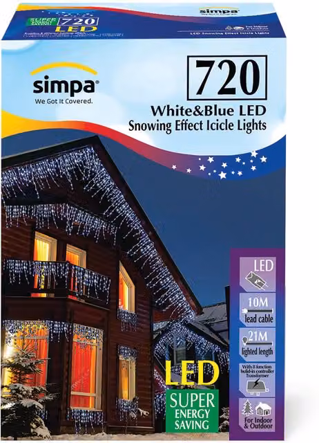 Simpa 720 LED Multi-Action Icicle Lights in Blue and White for Indoor and Outdoor Use
