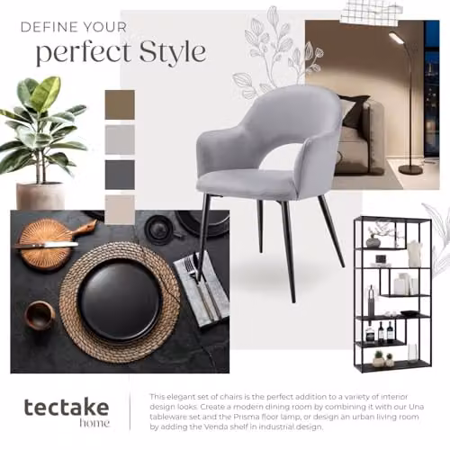 tectake Set of 2 Sasha Dining Chairs in Grey Velvet Look with Metal Legs – 6