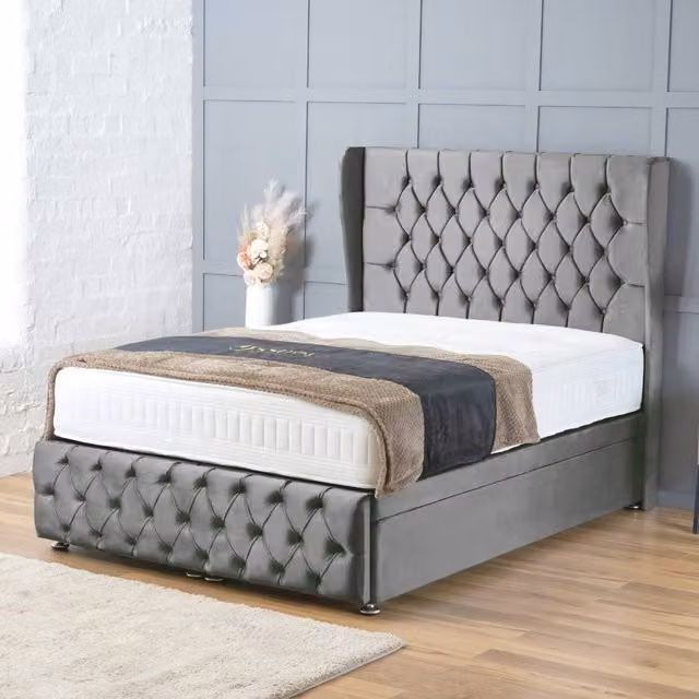 BSSPOKE Bella Ottoman Divan Bed with 54 inch Headboard in Grey Plush Velvet, Super King, W/D/H: 200 x 160 x 137.16 cm