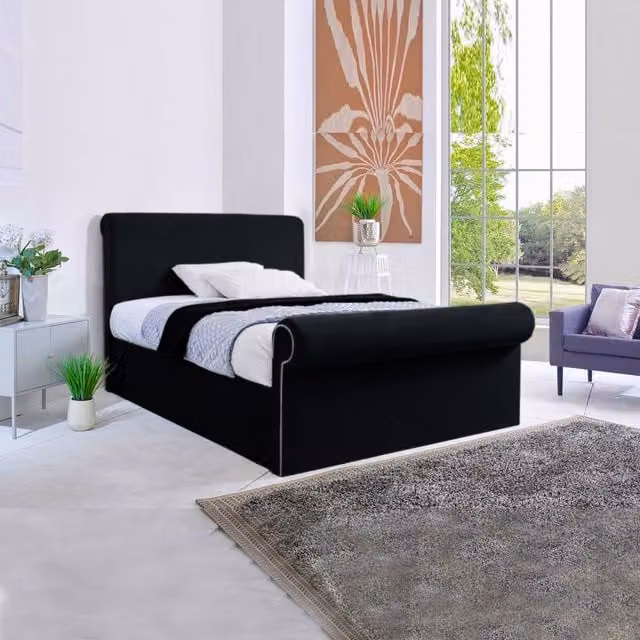 Desire Deco Super Sleigh Bed Frame in Black Velvet Fabric, W/D/H: 180 x 200 cm