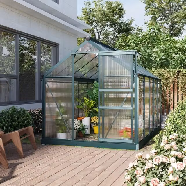 OUTSUNNY Walk-In Polycarbonate Greenhouse with Galvanised Aluminium Frame in Dark Green, W/D/H: 190 x 190 x 201 cm