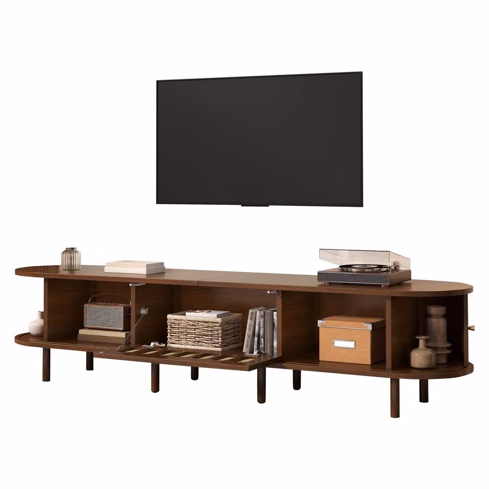 Matteo Dark Walnut Rattan TV Stand - Retro Oval MDF Cabinet with Roll-Up Doors in Brown – 4