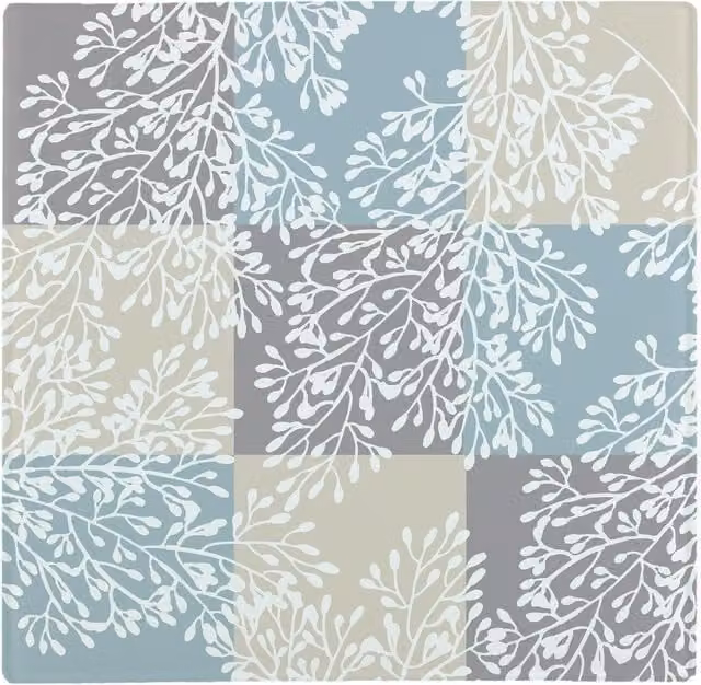 Purely Home Checked Leaves Large Square Glass Worktop Protector and Chopping Board in Blue, Beige and White