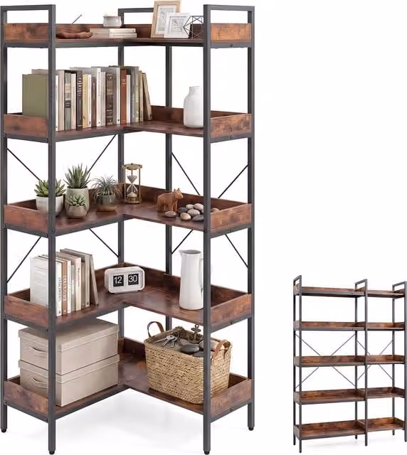 COSTWAY 5 Tier Convertible Corner Bookshelf with Heavy Duty Metal Frame in Brown