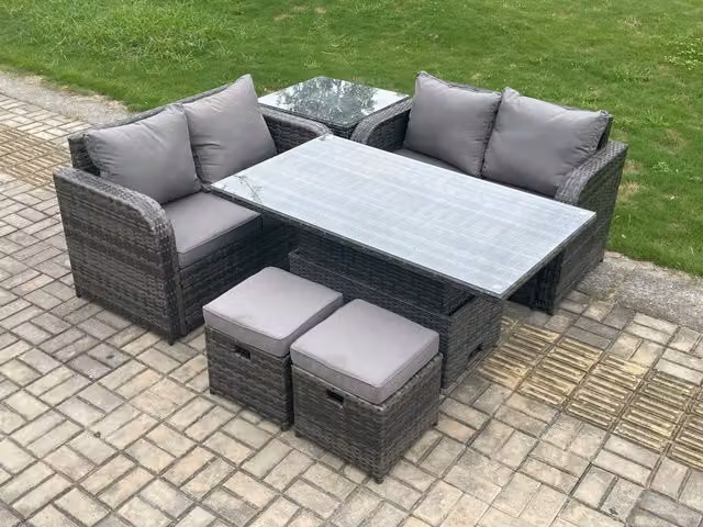 Fimous Outdoor Rattan Garden Dining Set in Dark Grey with Height Adjustable Table and 2 Footstools