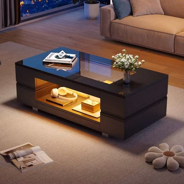 Merax High Gloss LED Coffee Table with Tempered Glass Top and Open Storage in Black – 1