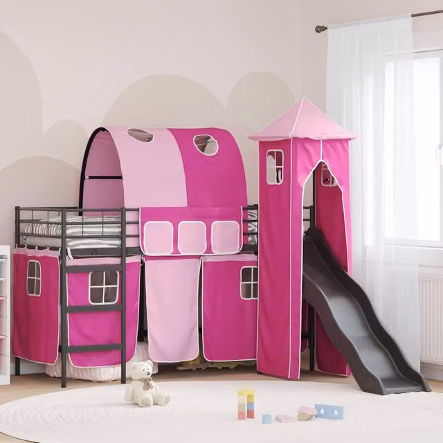 Berkfield Home Kids' Metal Loft Bed Frame in Black and Pink, W: 75 cm, L: 190 cm