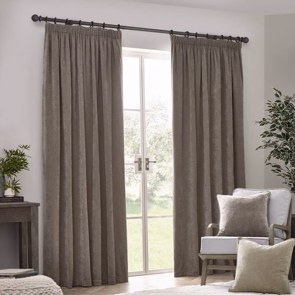 Yard Heavy Chenille Blackout Pencil Pleat Curtain Pair in Beige, W: 117 cm, H: 137 cm – 2