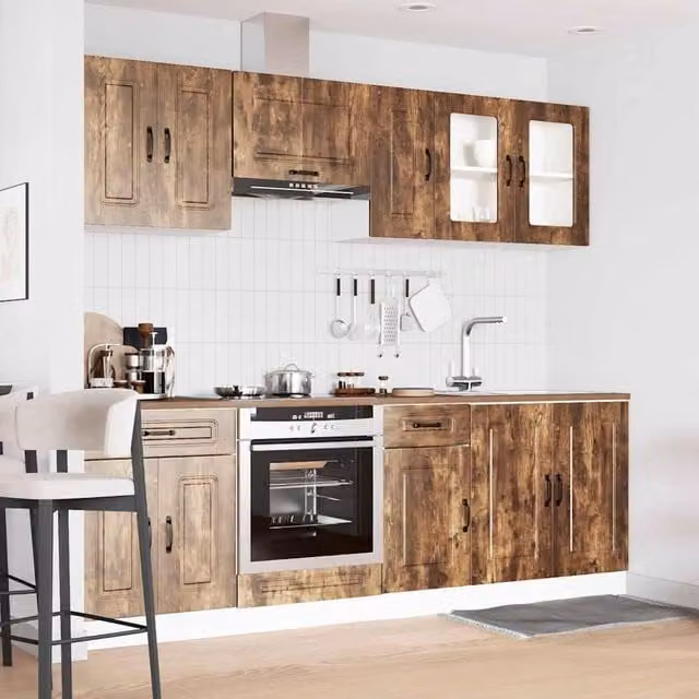 Berkfield Home Kalmar 8 Piece Kitchen Cabinet Set in Smoked Oak Brown with Glass Doors – 1