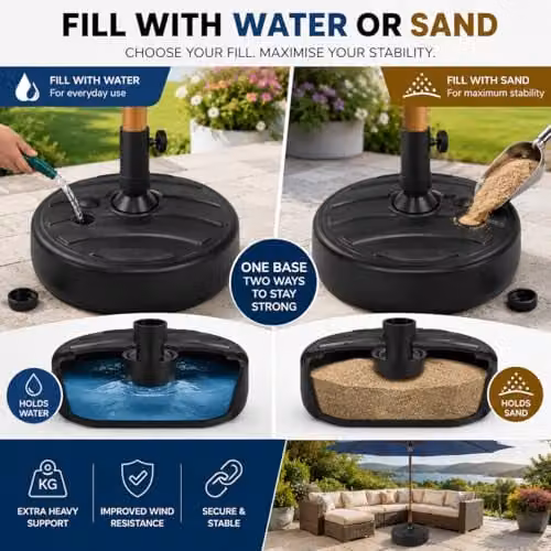 SHATCHI Black Plastic Fillable Parasol Base Stand for Garden Umbrellas – 4