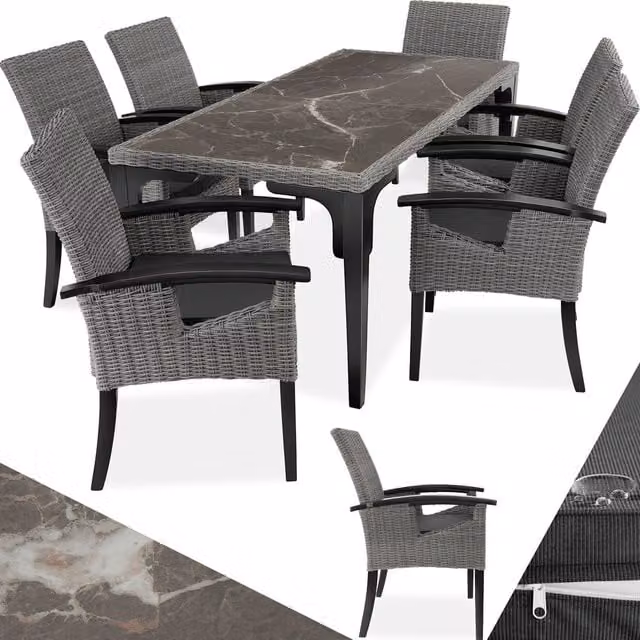 tectake Foggia Grey Polyrattan Garden Table and 6 Chairs Set with Marble Top
