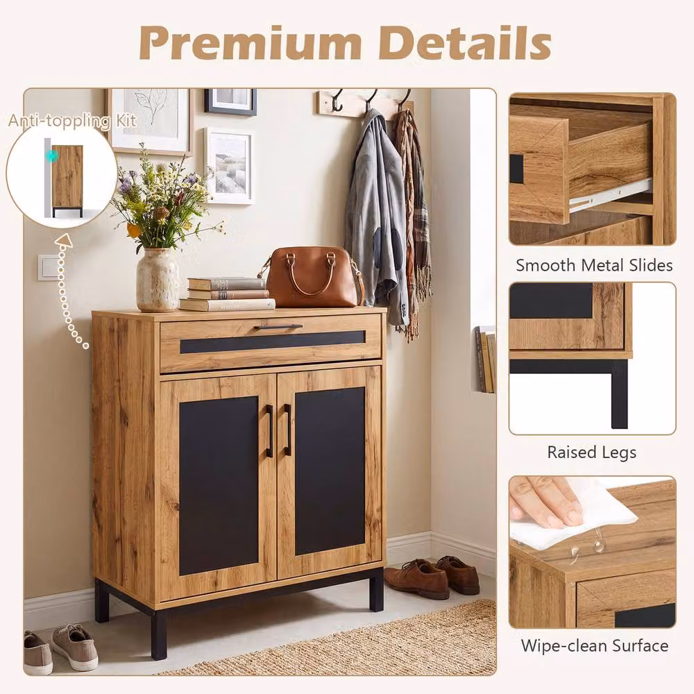 Costway Modern 2-Door Buffet Sideboard Cabinet with Drawer and 3 Removable Shelves in Natural Wood – 4