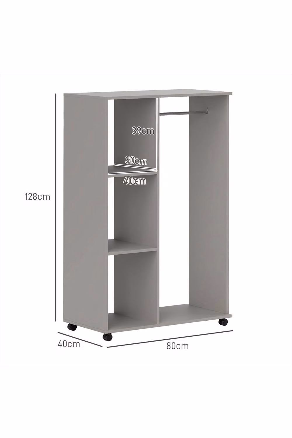 ERGOVEXA Open Wardrobe on Wheels with 3 Storage Shelves and Clothes Rail, Grey and Multicolour, W/D/H: 128 x 40 x 40 cm – 2
