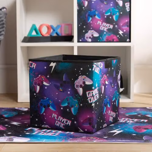 OHS Set of 2 Fabric Gaming Print Collapsible Storage Boxes in Black and Multicolour, W/D/H: 27 x 27 x 27 cm – 3