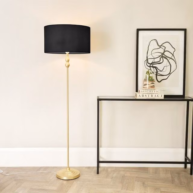 ValueLights Maggie Gold Metal Candlestick Floor Lamp with Black Fabric Cylinder Shade