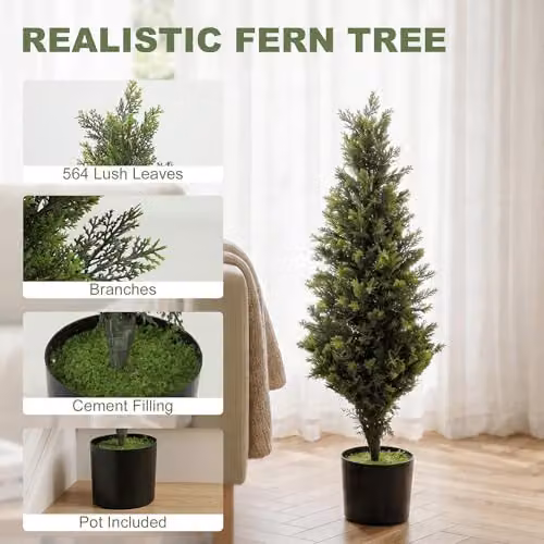 HOMCOM Set of 2 Green Decorative Artificial Cypress Trees with Weighted Concrete Pots, Height: 90 cm – 3