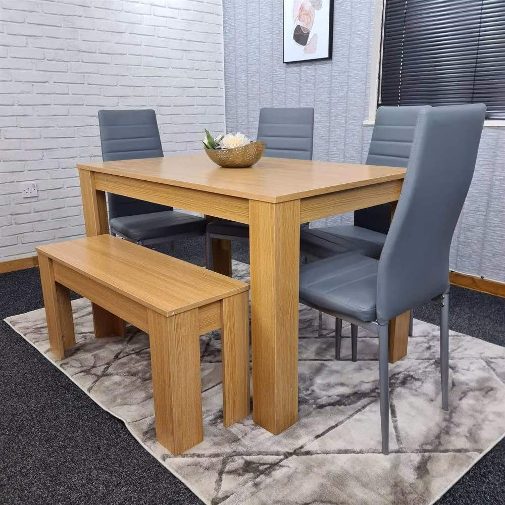 KOSY KOALA 6 Seater Modern Dining Table Set with 4 Grey Faux Leather Chairs and Bench in Brown and Grey – 2