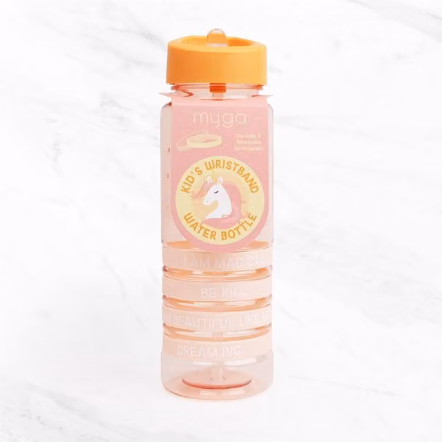 Myga Kid's Leakproof Flip Top Wristband Water Bottle in Pink and Orange, 400 ml