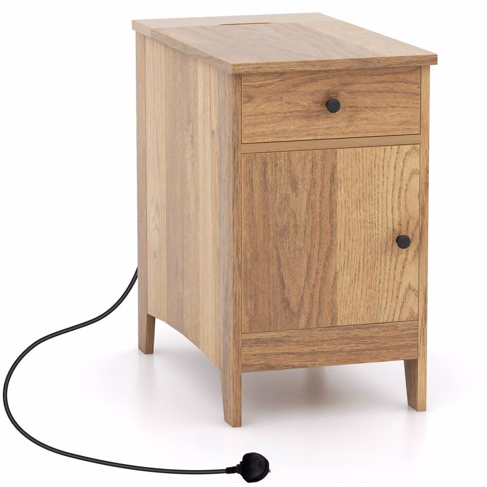 Costway Narrow Nightstand End Table with Charging Station in Natural Wood – 7