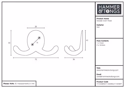 Hammer and Tongs Matt Black Powder-Coated Iron Hook W: 70 mm, H: 50 mm – 3
