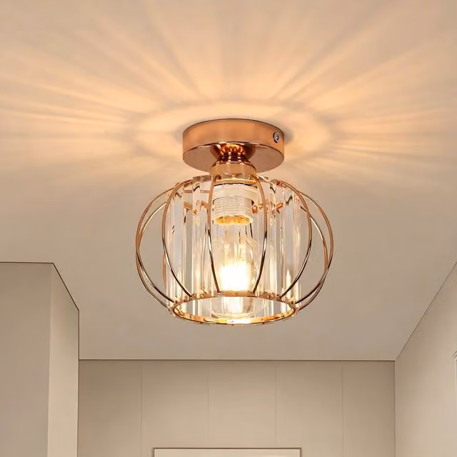 Goeco Modern Crystal Semi-Flush Ceiling Light in Gold/Brass with E27 Socket – 1
