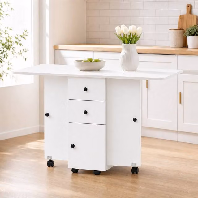 STILVORA White Drop Leaf Dining Table with Storage and Castors – 1