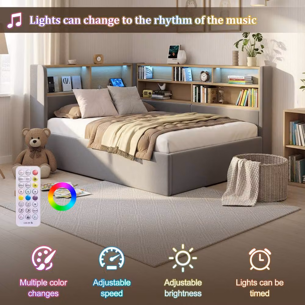 ModernLuxe Single L-shaped Ottoman Daybed with LED Storage Headboard in Grey Velvet Fabric, W/D/H: 90 x 200 cm – 2