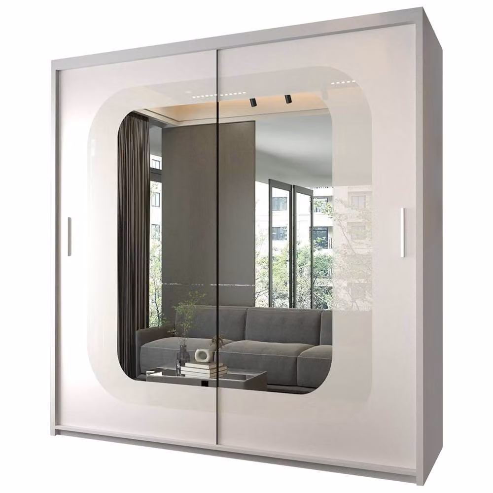 Sliding Wardrobes 4U Modern Double Door Sliding Wardrobe with LED Light and Mirror, White, W: 203 cm, H: 217 cm – 2