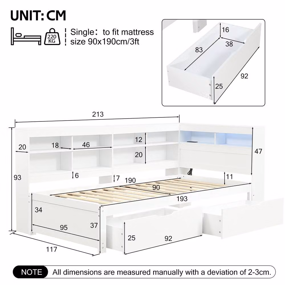 BTM White Single Daybed with 2 Drawers, LED Lighting and USB Charging Station, Solid Wood, W/D/H: 90 x 190 x 60 cm – 2