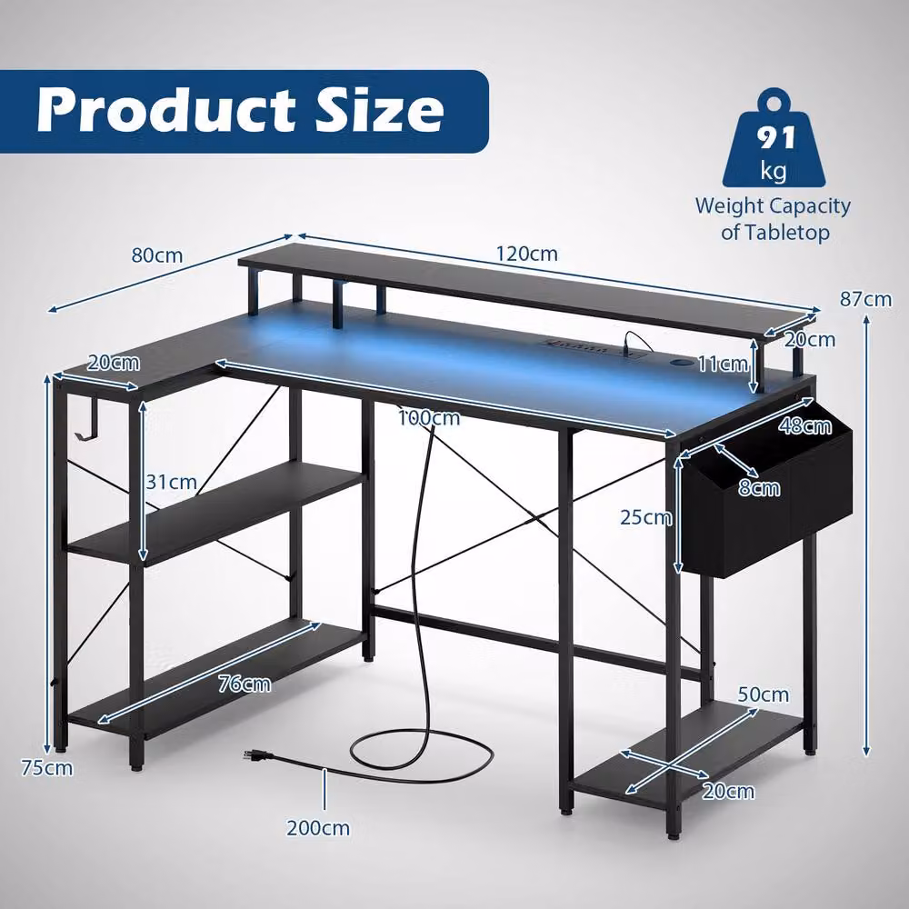 Costway L-Shaped Gaming Desk with LED Lights and Power Outlets in Black – 2