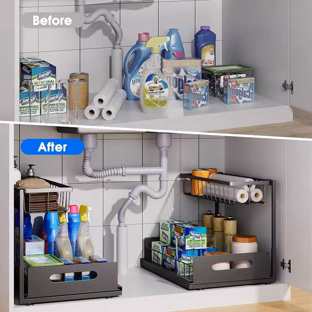 SPETLEK Under Sink Storage Organizer Rack, Black Metal Freestanding Unit – 3