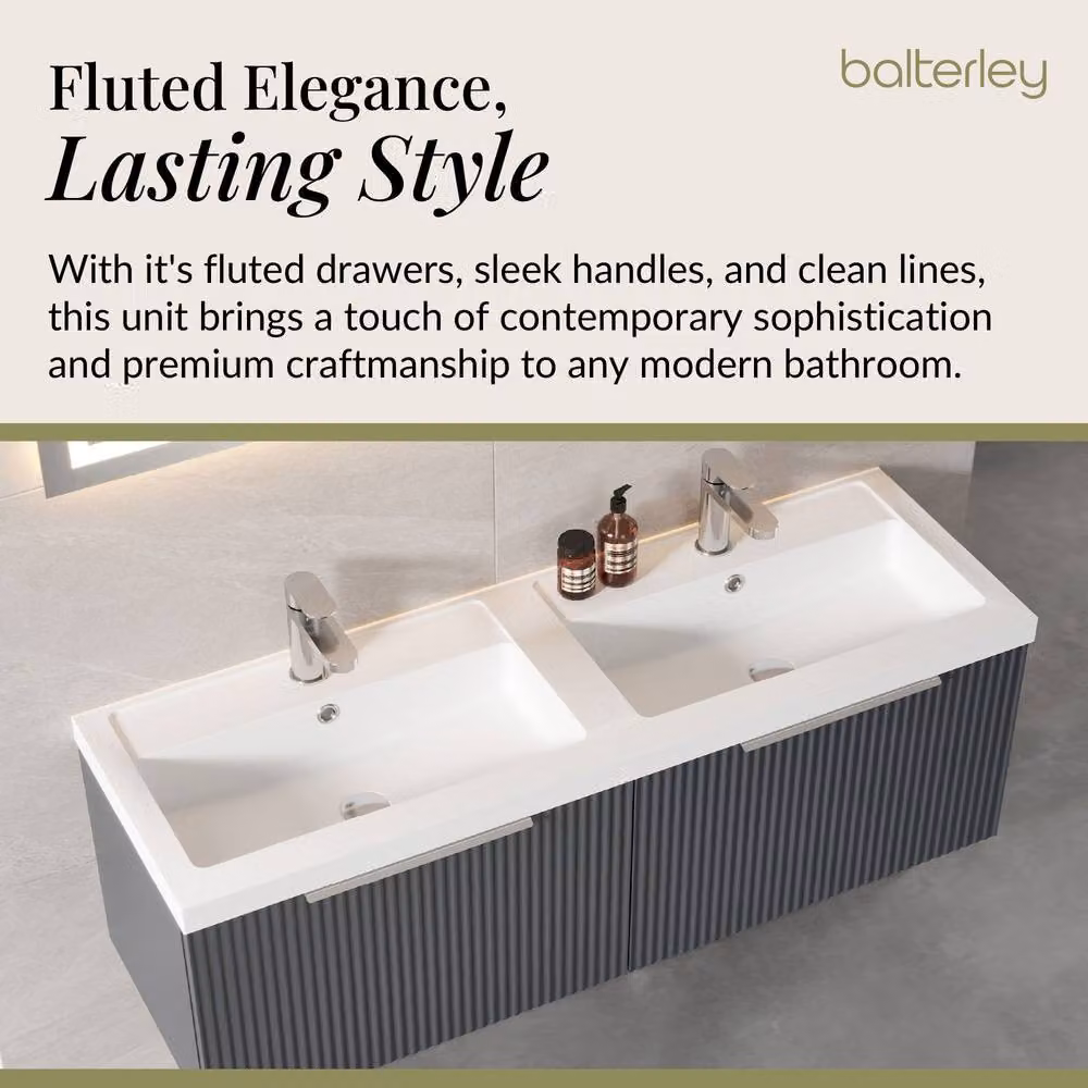 Balterley Fluted Wall Hung 2 Drawer Vanity Basin Unit and Basin, Dark Grey, Width: 120 cm – 3