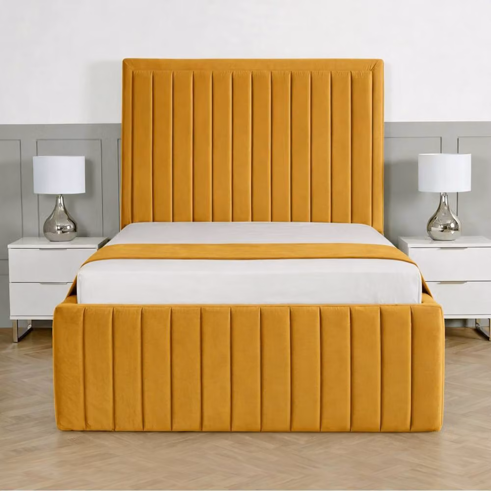 Living Comfort Bedz Saint Germain Plush Upholstered King Size Bed with Slatted Base and 48 Inch Headboard in Mustard Yellow